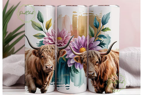 Highland Cow Floral 20oz Tumbler Wrap Sublimation PixelChick 