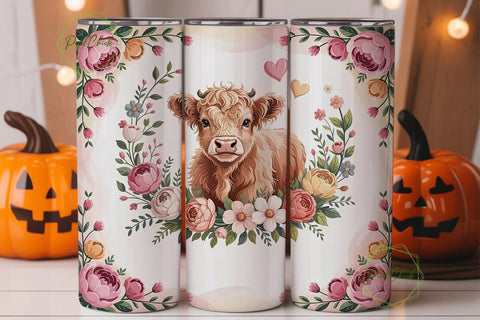 Highland Cow Floral 20oz Tumbler Wrap Sublimation PixelChick 
