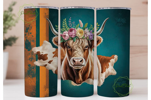 Highland Cow Floral 20oz Tumbler Wrap Sublimation PixelChick 