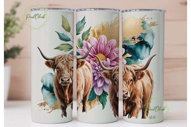 Highland Cow Floral 20oz Tumbler Wrap Sublimation PixelChick 