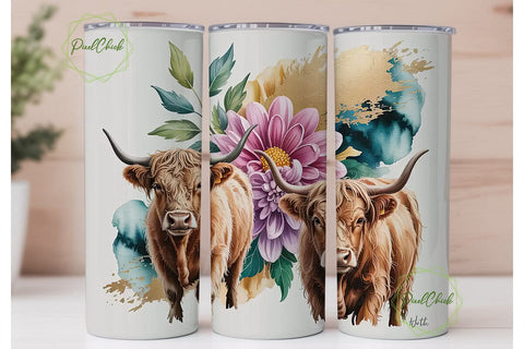Highland Cow Floral 20oz Tumbler Wrap Sublimation PixelChick 