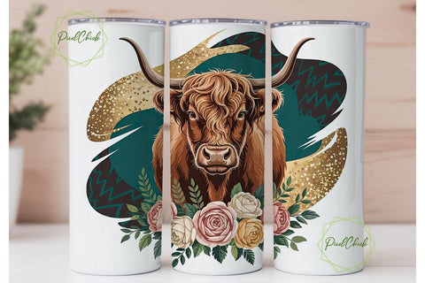 Highland Cow Floral 20oz Tumbler Wrap Sublimation PixelChick 
