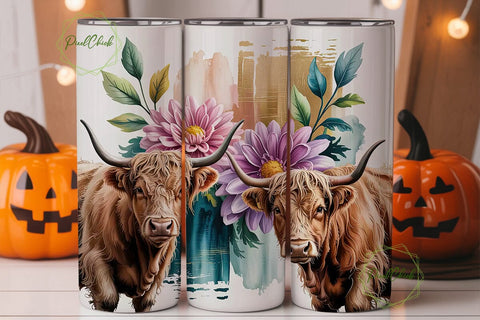 Highland Cow Floral 20oz Tumbler Wrap Sublimation PixelChick 