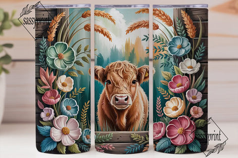 Highland Cow Floral 20oz Tumbler Wrap Sublimation sassyprint 