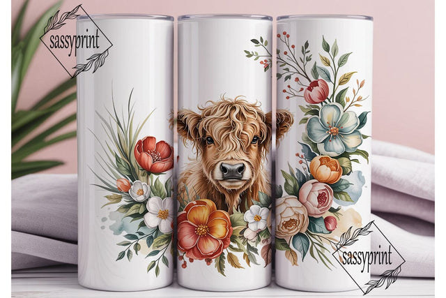 Highland Cow Floral 20oz Tumbler Wrap Sublimation sassyprint 