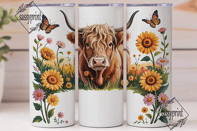 Highland Cow Floral 20oz Tumbler Wrap Sublimation sassyprint 