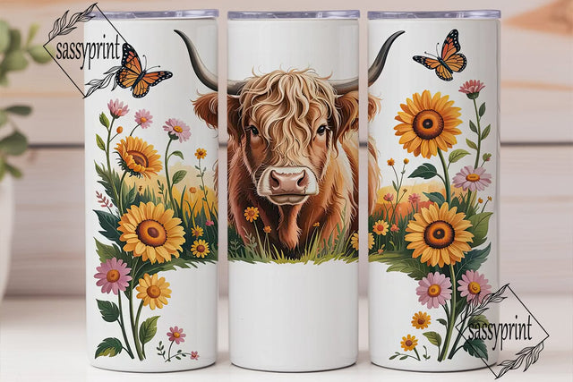 Highland Cow Floral 20oz Tumbler Wrap Sublimation sassyprint 
