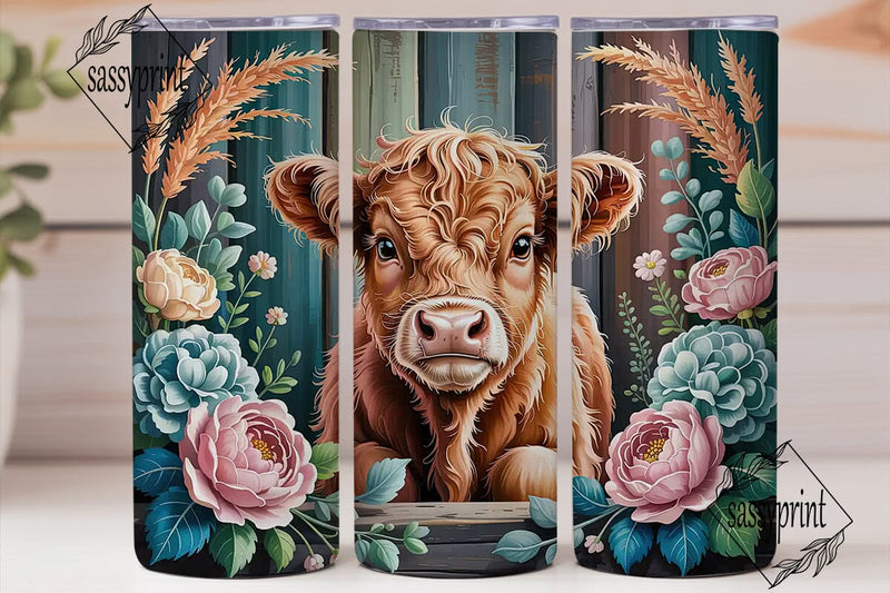 Highland Cow Floral 20oz Tumbler Wrap Sublimation sassyprint 