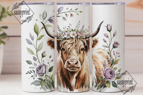 Highland Cow Floral 20oz Tumbler Wrap Sublimation sassyprint 