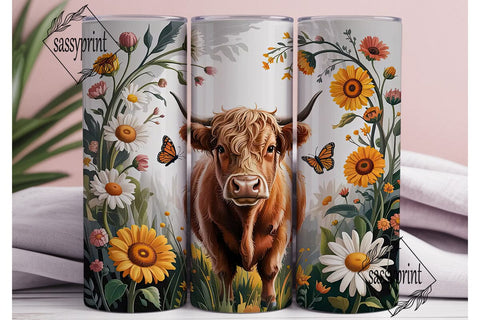 Highland Cow Floral 20oz Tumbler Wrap Sublimation sassyprint 