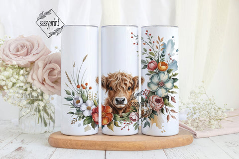 Highland Cow Floral 20oz Tumbler Wrap Sublimation sassyprint 