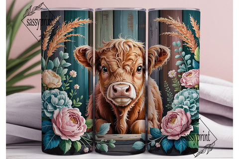 Highland Cow Floral 20oz Tumbler Wrap Sublimation sassyprint 