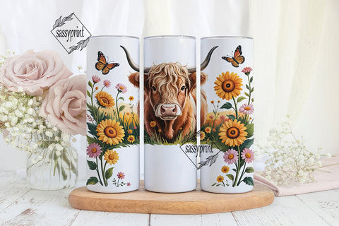 Highland Cow Floral 20oz Tumbler Wrap Sublimation sassyprint 
