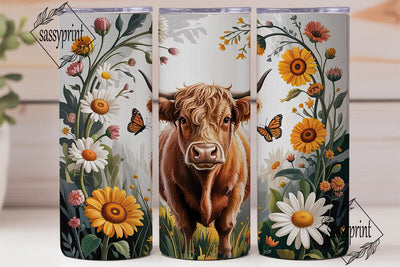 Highland Cow Floral 20oz Tumbler Wrap Sublimation sassyprint 