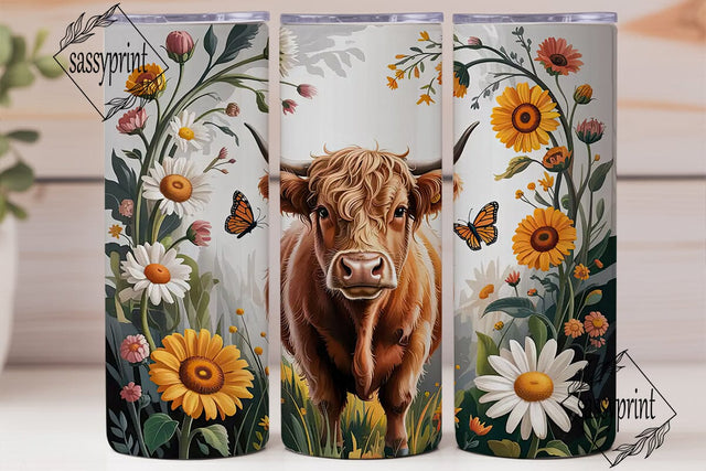 Highland Cow Floral 20oz Tumbler Wrap Sublimation sassyprint 