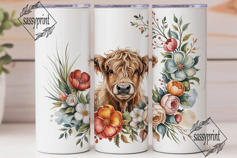 Highland Cow Floral 20oz Tumbler Wrap Sublimation sassyprint 