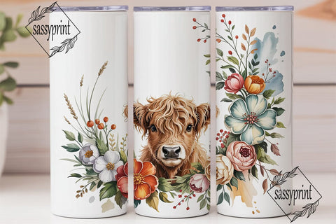 Highland Cow Floral 20oz Tumbler Wrap Sublimation sassyprint 