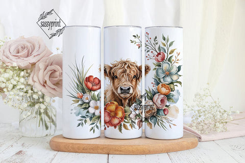 Highland Cow Floral 20oz Tumbler Wrap Sublimation sassyprint 