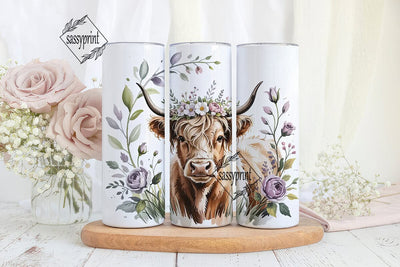 Highland Cow Floral 20oz Tumbler Wrap Sublimation sassyprint 