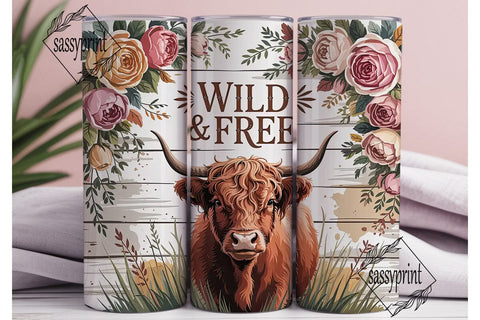 Highland Cow Floral 20oz Tumbler Wrap Sublimation sassyprint 
