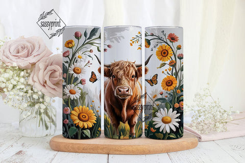 Highland Cow Floral 20oz Tumbler Wrap Sublimation sassyprint 