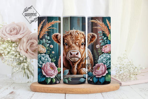 Highland Cow Floral 20oz Tumbler Wrap Sublimation sassyprint 