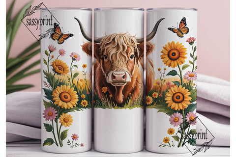 Highland Cow Floral 20oz Tumbler Wrap Sublimation sassyprint 