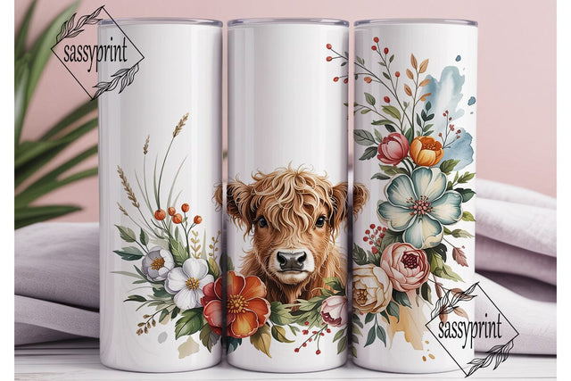 Highland Cow Floral 20oz Tumbler Wrap Sublimation sassyprint 