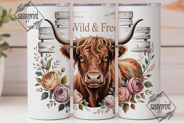 Highland Cow Floral 20oz Tumbler Wrap Sublimation sassyprint 