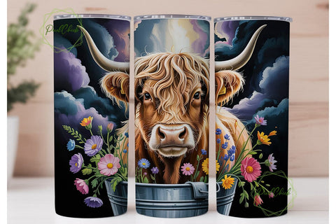Highland Cow Floral Bucket 20oz Tumbler Sublimation PixelChick 