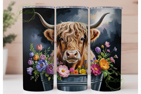 Highland Cow Floral Bucket 20oz Tumbler Sublimation PixelChick 
