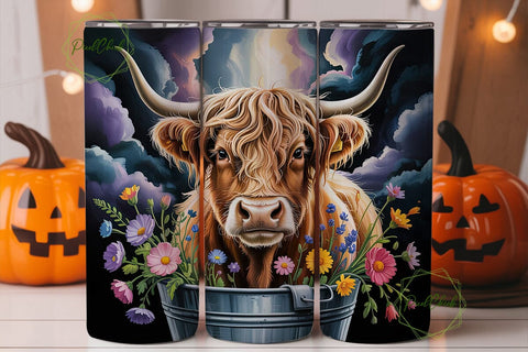 Highland Cow Floral Bucket 20oz Tumbler Sublimation PixelChick 