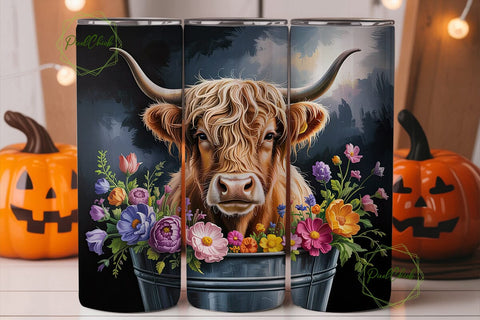 Highland Cow Floral Bucket 20oz Tumbler Sublimation PixelChick 