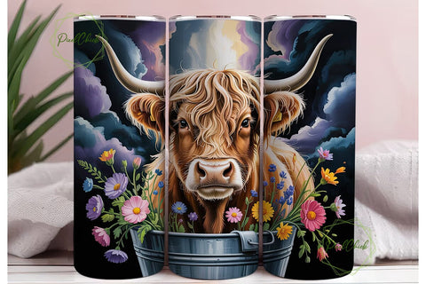 Highland Cow Floral Bucket 20oz Tumbler Sublimation PixelChick 