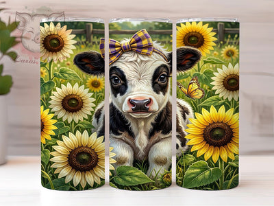 Highland Cow Floral Calf 20oz Tumbler, Black White Cow, Fluffy Calf, Wavy Fur, Sparkling Eyes, Skinny Tumbler, Sublimation PNG Sublimation Lara' s Designs 