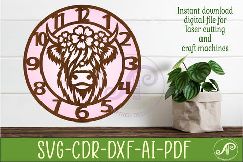 Highland Cow Floral Clock SVG, Farmhouse Wall Clock Laser Cut File, Cow Decor Design SVG APInspireddesigns 