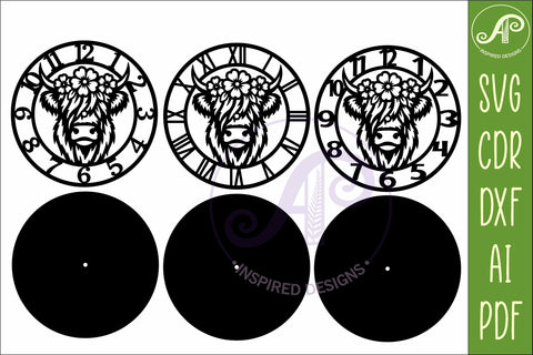 Highland Cow Floral Clock SVG, Farmhouse Wall Clock Laser Cut File, Cow Decor Design SVG APInspireddesigns 