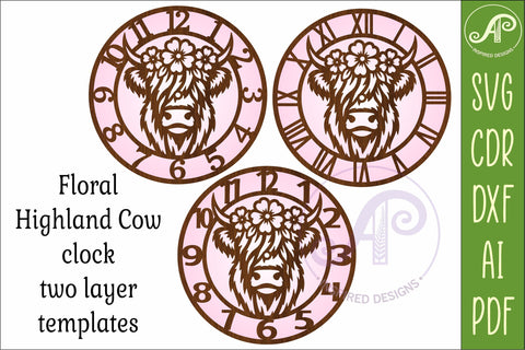 Highland Cow Floral Clock SVG, Farmhouse Wall Clock Laser Cut File, Cow Decor Design SVG APInspireddesigns 