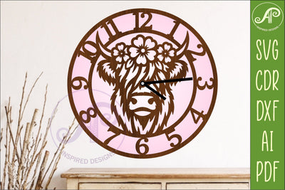 Highland Cow Floral Clock SVG, Farmhouse Wall Clock Laser Cut File, Cow Decor Design SVG APInspireddesigns 