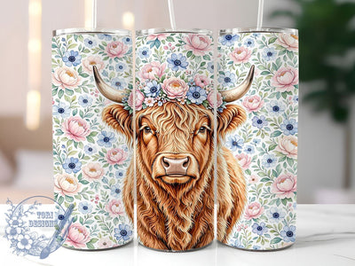 Highland Cow Floral Crown 20oz Tumbler, Cute Cow, Flower Crown, Boho Style, Pastel Colors, Nature Art, Gentle Wildlife, Sublimation Wrap Sublimation ToriDesigns 