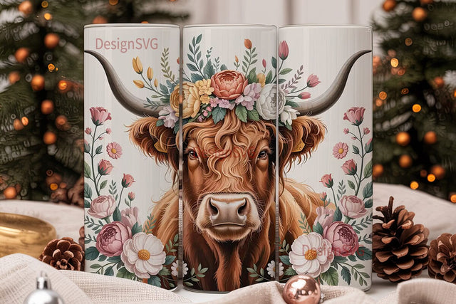Highland Cow Floral Crown 20oz Tumbler Sublimation DesignSVG 