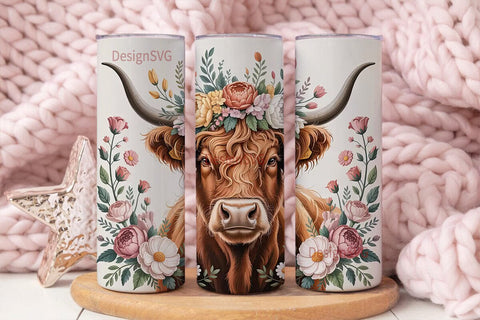 Highland Cow Floral Crown 20oz Tumbler Sublimation DesignSVG 