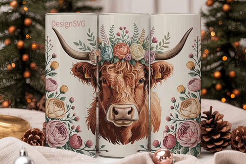 Highland Cow Floral Crown 20oz Tumbler Sublimation DesignSVG 
