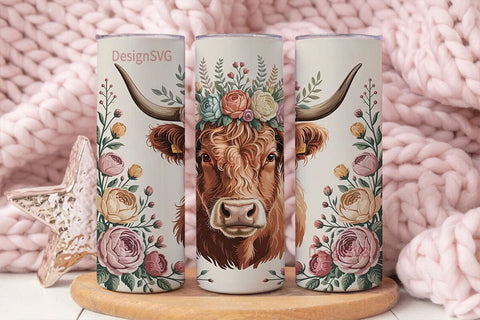Highland Cow Floral Crown 20oz Tumbler Sublimation DesignSVG 