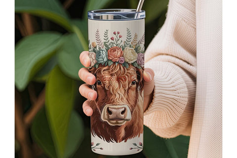 Highland Cow Floral Crown 20oz Tumbler Sublimation DesignSVG 