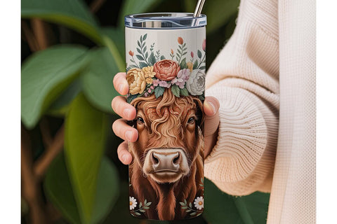 Highland Cow Floral Crown 20oz Tumbler Sublimation DesignSVG 
