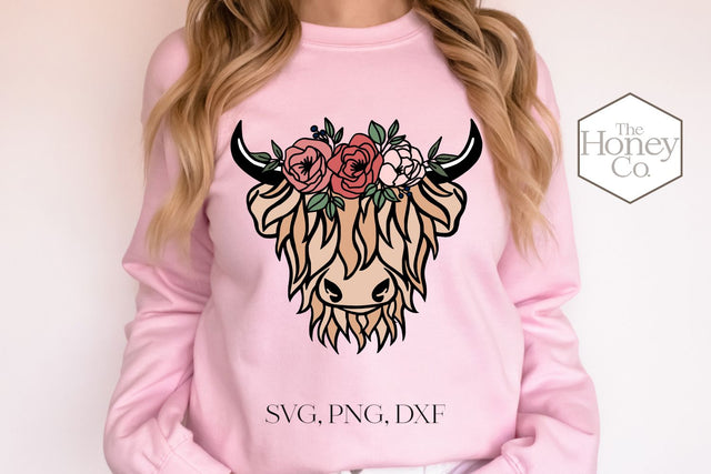 Highland Cow Floral Crown SVG PNG DXF Farmhouse Farm Barn SVG The Honey Company 