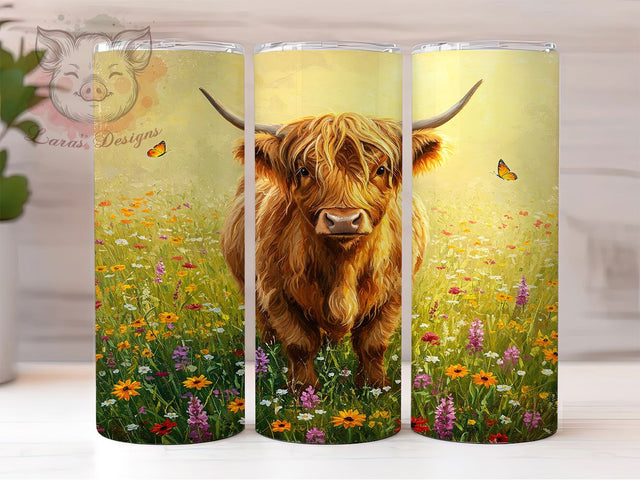 Highland Cow Floral Farmhouse Tumbler, Wildflower Cow Wrap, 20oz Tumbler Sublimation, Floral Farmhouse Design, Rustic Cow Aesthetic, Country Western Tumbler, Boho Highland Cow Art Sublimation Lara' s Designs 