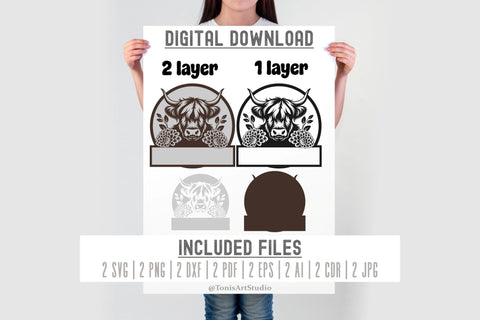 Highland Cow Floral Name Sign SVG Laser Cut Files SVG TonisArtStudio 