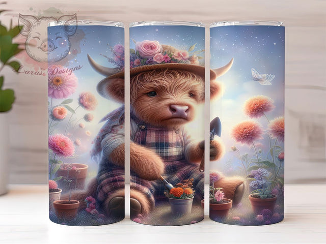 Highland Cow Floral Spring Tumbler, Gardener Design, Spring Drinkware, 20oz Sublimation Wrap, Farm Animal Mug, Floral Tumbler, Rustic Home Decor Sublimation Lara' s Designs 